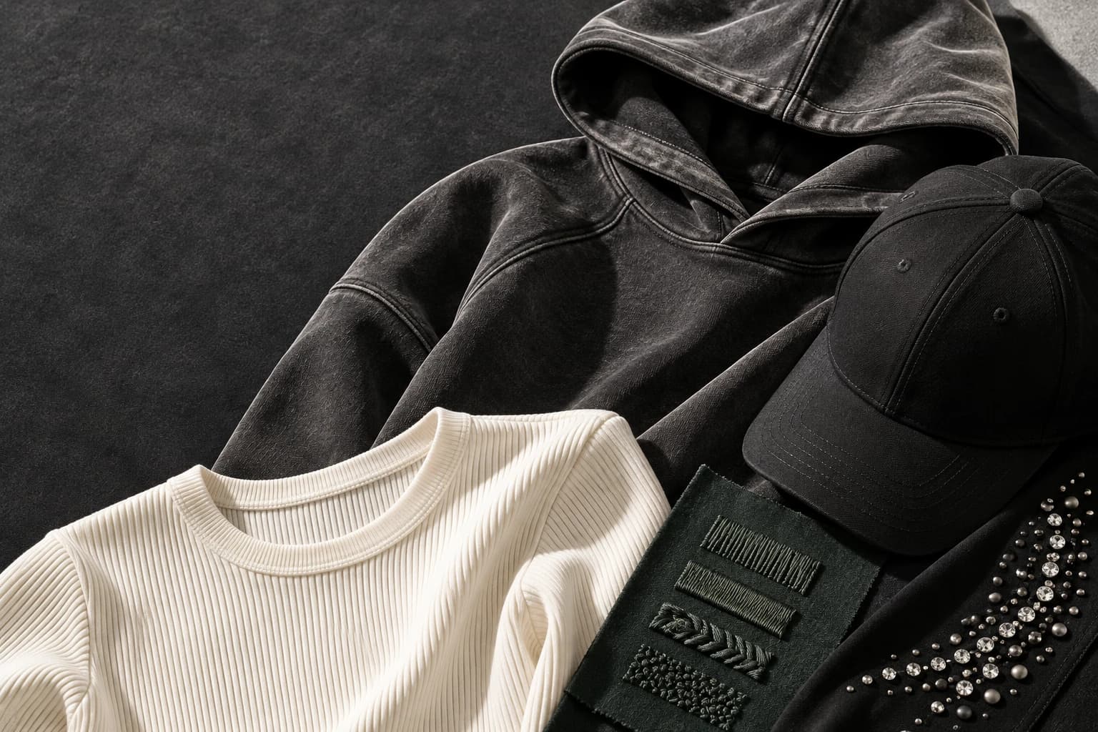 Illustrative close-up of garment materials and construction
