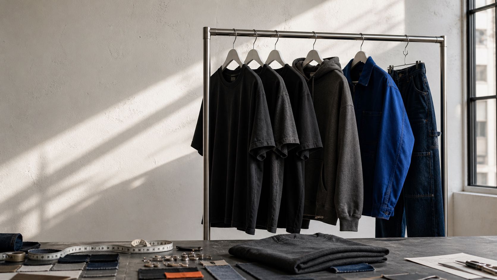 Washed apparel samples and development materials in a sunlit studio